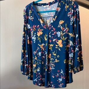 Two by Vince Camuto Floral V-Neck Blouse - Blue and Multicolor